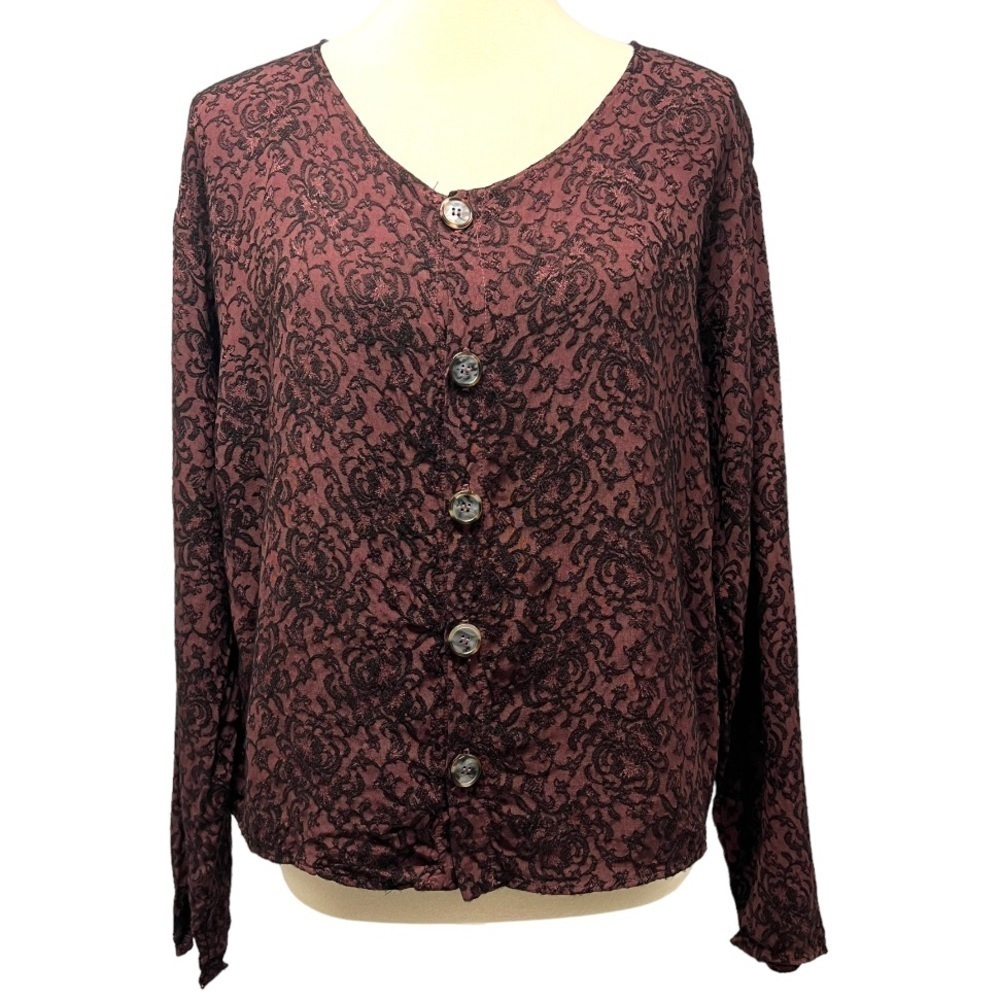 CP Shades Maroon & Black Printed Long Sleeve Button Front Shirt Women’s Medium - Picture 7 of 9